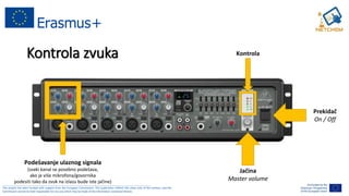 ______________________________________________________________________________________________________
This project has been funded with support from the European Commission. This publication reflects the views only of the authors, and the
Commission cannot be held responsible for any use which may be made of the information contained therein.
Kontrola zvuka
Jačina
Master volume
Prekidač
On / Off
Podešavanje ulaznog signala
(svaki kanal se posebno podešava,
ako je više mikrofona/govornika
podesiti tako da zvuk na izlazu bude iste jačine)
Kontrola
 