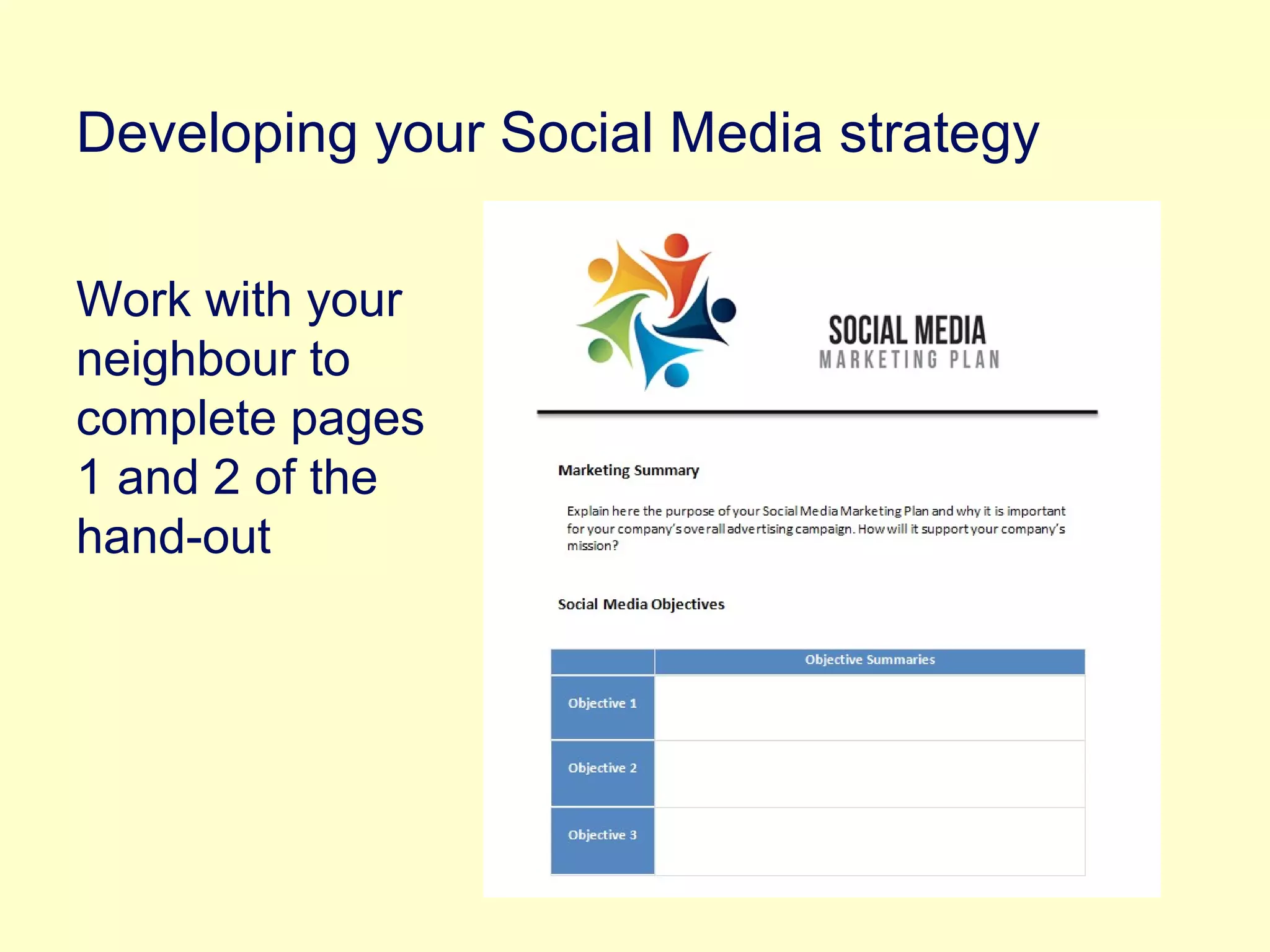 Work with your
neighbour to
complete pages
1 and 2 of the
hand-out
Developing your Social Media strategy
 