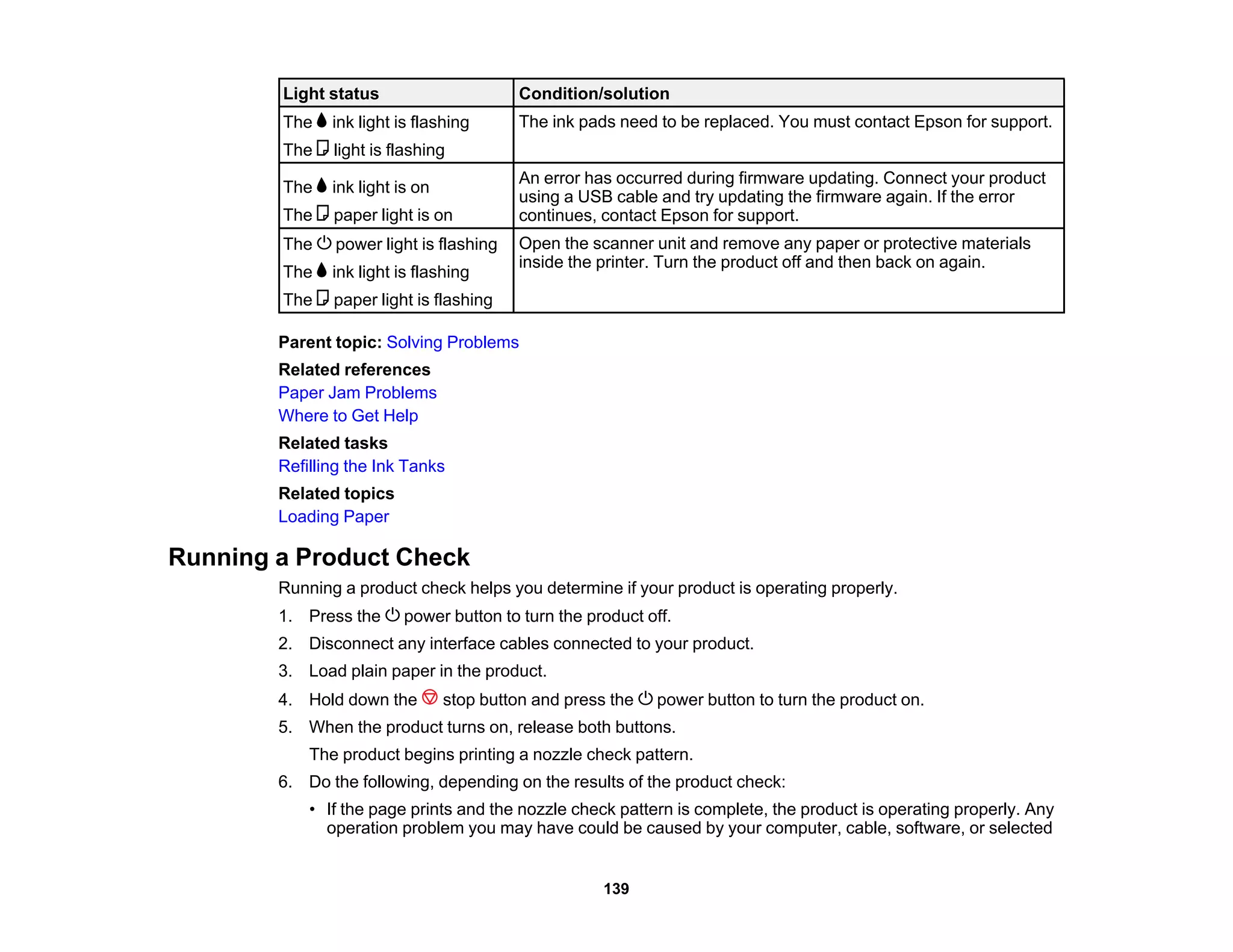 Light status Condition/solution
The ink pads need to be replaced. You must contact Epson for support.
The ink light is flashing
The light is flashing
An error has occurred during firmware updating. Connect your product
The ink light is on
using a USB cable and try updating the firmware again. If the error
The paper light is on continues, contact Epson for support.
Open the scanner unit and remove any paper or protective materials
The power light is flashing
inside the printer. Turn the product off and then back on again.
The ink light is flashing
The paper light is flashing
Parent topic: Solving Problems
Related references
Paper Jam Problems
Where to Get Help
Related tasks
Refilling the Ink Tanks
Related topics
Loading Paper
Running a Product Check
Running a product check helps you determine if your product is operating properly.
1. Press the power button to turn the product off.
2. Disconnect any interface cables connected to your product.
3. Load plain paper in the product.
4. Hold down the stop button and press the power button to turn the product on.
5. When the product turns on, release both buttons.
The product begins printing a nozzle check pattern.
6. Do the following, depending on the results of the product check:
• If the page prints and the nozzle check pattern is complete, the product is operating properly. Any
operation problem you may have could be caused by your computer, cable, software, or selected
139
 