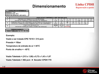 18
.
Footer
Date
Dimensionamento
Exemplo:
Vazão a ser tratada CPD 75/10 = 313 pcm
Pressão = 10bar
Temperatura de entrada do ar = 45°C
Ponto de orvalho = - 45°C
Vazão Tabelada = (313 x 1,08) x 0,72 x 1,43 x 1,67
Vazão Tabelada = 582 pcm ► Secador CPDH 770
Linha CPDH
Regeneração a quente
 