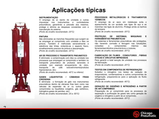 7
.
Footer
Date
INSTRUMENTAÇÃO
O emprego de ar isento de umidade e outras
impurezas nos instrumentos e controladores
pneumáticos, garantindo a precisão dos mesmos,
protege e elimina as despesas constantes com a
manutenção do sistema.
(Ponto de orvalho recomendado -20°C)
PINTURA
São eliminadas as manchas frequentes que surgem ao
se empregar ar comprimido com umidade e óleo na
pintura. Também é melhorada sensivelmente a
aderência das tintas, evitando-se o aspecto fosco,
envelhecimento precoce da pintura e descamação.
(Ponto de orvalho recomendado -20°C)
AR DE PROCESSO E TRANSPORTE PNEUMÁTICO
É eliminada a contaminação com óleo ou umidade nos
processos que empregam ar comprimido e também no
transporte pneumático de produtos sensíveis à
umidade (por exemplo envazamento de cloro,
transporte de café solúvel/cimento/produtos
higroscópicos, etc)
(Ponto de orvalho recomendado -40°C ou inferior)
GASES LIQUEFEITOS / CÂMARAS FRIAS
CRIOGENIA
É eliminada a formação de gelo nos instrumentos
pneumáticos dentro de câmaras frias bem como nas
válvulas de expansão de ar ou outros gases
comprimidos ou liquefeitos (oxigênio, gás carbônico,
hidrogênio,gases de petróleo, etc)
(Ponto de orvalho recomendado -20 a -55°C)
PROCESSOS METALÚRGICOS E TRATAMENTOS
TÉRMICOS
O emprego de ar seco em metalurgia evita o
aparecimento da cor azulada nas ligas de aço e as
manchas nas ligas de alumínio. Protege ainda os banhos
de tempera
(Ponto de orvalho recomendado -20°C)
PROTEÇÃO DE SISTEMAS, MÁQUINAS E
FERRAMENTAS PNEUMÁTICAS
Os sistemas e ferramentas pneumáticas são protegidos,
não havendo corrosão e ferrugem nas tubulações,
conexões e componentes internos das
ferramentas/cilindros pneumá-ticos e motores.
(Ponto de orvalho recomendado -20°C)
FABRICAÇÃO DE FILMES , CONDUTORES , FIBRAS
ÓTICAS E CIRCUITOS IMPRESSOS
Para garantir a total isenção de umidade nos processos
de fabricação.
(Ponto de orvalho recomendado -20°C)
TESTES EM COMPONENTES DE REFRIGERAÇÃO
Substitui o nitrogênio nos testes de vedação de
evaporadores, condensadores e outros componentes de
refrigeração, preparando-os para a aplicação do fluido
refrigerante .
(Ponto de orvalho recomendado -40°C)
GERAÇÃO DE OXIGÊNIO E NITROGÊNIO A PARTIR
DE AR COMPRIMIDO
Preparação do ar comprimido para os processos de
separação e purificação de gases tais como geração de
oxigênio e nitrogênio a partir de ar comprimido.
(Ponto de orvalho recomendado -20°C)
Aplicações típicas
 