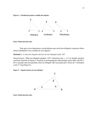 29
Figura 4 – Classificação quanto a medida dos ângulos.
Fonte: Elaborada pelo autor
Note que ao nos depararmos com problemas que envolvem triângulos estaremos direta-
mente trabalhando com a medida de seus ângulos.
Teorema 1. A soma dos ângulos internos de um triângulo mede 180◦
.
Demonstração. Dado um triângulo qualquer ABC, denotemos por α, β e θ os ângulos internos
conforme ilustrado na Figura 5. Fazendo os prolongamentos determinados pelos lados AB, BC e
AC e traçando uma reta paralela a base do triângulo AB e passando pelo vértice de β formamos
a reta P (veja Figura 6).
Figura 5 – Ângulos internos de um triângulo
Fonte: Elaborada pelo autor
 