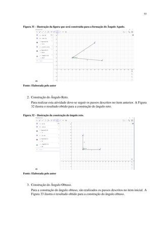 55
Figura 31 – Ilustração da figura que será construída para a formação do Ângulo Agudo.
Fonte: Elaborada pelo autor
2. Construção do Ângulo Reto.
Para realizar esta atividade deve-se seguir os passos descritos no item anterior. A Figura
32 ilustra o resultado obtido para a construção do ângulo reto.
Figura 32 – Ilustração da construção do ângulo reto.
Fonte: Elaborada pelo autor
3. Construção do Ângulo Obtuso.
Para a construção do ângulo obtuso, são realizados os passos descritos no item inicial. A
Figura 33 ilustra o resultado obtido para a construção do ângulo obtuso.
 