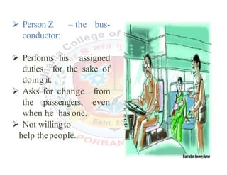  Person Z – the bus-
conductor:
 Performs his assigned
duties for the sake of
doing it.
 Asks for change from
the passengers, even
when he has one.
 Not willingto
help thepeople.
19
 