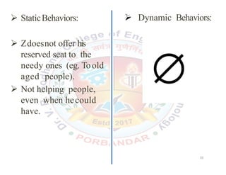  StaticBehaviors:
 Zdoesnot offer his
reserved seat to the
needy ones (eg. Toold
aged people).
 Not helping people,
even when hecould
have.
 Dynamic Behaviors:20
20
 