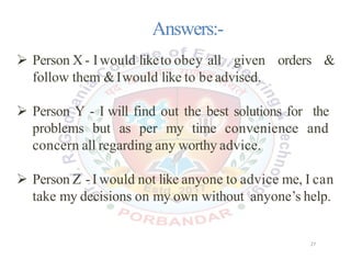 Answers:-
 Person X- Iwould liketo obey all given orders &
follow them &Iwould like to be advised.
 Person Y - I will find out the best solutions for the
problems but as per my time convenience and
concern all regarding any worthy advice.
 Person Z -I would not like anyone to advice me, I can
take my decisions on my own without anyone’s help.
27
 