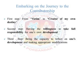 Embarking on the Journey to the
Contributorship
 First step: From “Victim” to “Creator of my own
destiny”
 Second step: Having the willingness to take full
responsibility for one’s own development
 Third Step: Being the capacity to reflect on one’s
development and making appropriate modifications
 