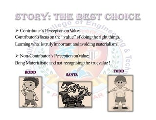  Contributor’s Perception onValue:
Contributor’s focuson the “value” of doing the right things.
Learningwhat istrulyimportant and avoiding materialism !
 Non-Contributor’s Perception onValue:
BeingMaterialistic andnot recognizingthe truevalue !
 