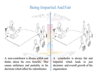 Being Impartial AndFair
A non-contributor is always selfish and
thinks about his own benefits. This
causes unfairness and partiality in his
decisions which affect his subordinates.
A contributor is always fair and
impartial which leads to just
decisions and overall growth of the
organization.
 