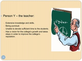 19
 Person Y – the teacher:
o Extensive knowledge and skills.
o Being punctual.
o Unable to devote sufficient time to the students.
o Has a vision for the college’s growth and takes
steps in order to improve the college’s
reputation.
 