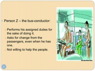 21
 Person Z – the bus-conductor:
o Performs his assigned duties for
the sake of doing it.
o Asks for change from the
passengers, even when he has
one.
o Not willing to help the people.
 