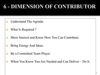  Understand The Agenda.
 What Is Required ?
 Show Interest and Know How You Can Contribute.
 Bring Energy And Ideas.
 Be a Committed Team Player.
 When You Know You Are Needed and Can Deliver – Do It.
6
 