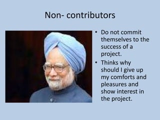 Non- contributors
• Do not commit
themselves to the
success of a
project.
• Thinks why
should I give up
my comforts and
pleasures and
show interest in
the project.
 