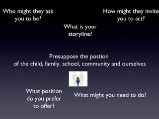 Presuppose the postion
of the child, family, school, community and ourselves
Who might they ask
you to be?
How might they invite
you to act?
What might you need to do?
What position
do you prefer
to offer?
What is your
storyline?
 
