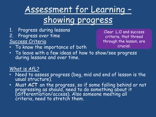 Assessment for Learning –
showing progress
1. Progress during lessons
2. Progress over time
Success Criteria
• To know the importance of both
• To leave with a few ideas of how to show/see progress
during lessons and over time.
What is AfL?
• Need to assess progress (beg, mid and end of lesson is the
usual structure).
• Must ACT on the progress, so if some falling behind or not
progressing as should, need to do something about it
(differentiation/access). Also someone meeting all
criteria, need to stretch them.
Clear L.O and success
criteria, that thread
through the lesson, are
crucial.
 