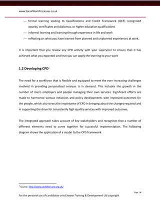 www.SocialWorkProcesses.co.uk


        formal learning leading to Qualifications and Credit Framework (QCF) recognised
           awards, certificates and diplomas, or higher education qualifications
        informal learning and learning through experience in life and work
        reflecting on what you have learned from planned and unplanned experiences at work.


It is important that you review any CPD activity with your supervisor to ensure that it has
achieved what you expected and that you can apply the learning to your work



1.2 Developing CPD2


The need for a workforce that is flexible and equipped to meet the ever-increasing challenges
involved in providing personalised services is in demand. This includes the growth in the
number of micro employers and people managing their own services. Significant efforts are
made to harmonise various initiatives and policy developments with improved outcomes for
the people, which also stress the importance of CPD in bringing about the changes required and
in supporting the drive for consistently high quality services with improved outcomes.


The integrated approach takes account of key stakeholders and recognises that a number of
different elements need to come together for successful implementation. The following
diagram shows the application of a model to the CPD framework.




2
    Source: http://www.skillsforcare.org.uk/

                                                                                         Page | 4
For the personal use of candidates only Elevate Training & Development Ltd copyright
 