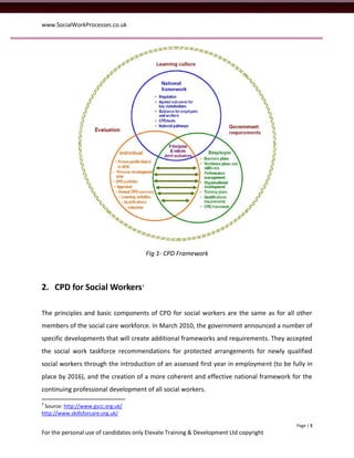 www.SocialWorkProcesses.co.uk




                                       Fig 1- CPD Framework



2. CPD for Social Workers3

The principles and basic components of CPD for social workers are the same as for all other
members of the social care workforce. In March 2010, the government announced a number of
specific developments that will create additional frameworks and requirements. They accepted
the social work taskforce recommendations for protected arrangements for newly qualified
social workers through the introduction of an assessed first year in employment (to be fully in
place by 2016), and the creation of a more coherent and effective national framework for the
continuing professional development of all social workers.
3
 Source: http://www.gscc.org.uk/
http://www.skillsforcare.org.uk/

                                                                                         Page | 5
For the personal use of candidates only Elevate Training & Development Ltd copyright
 