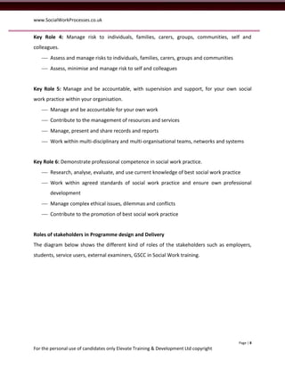 www.SocialWorkProcesses.co.uk


Key Role 4: Manage risk to individuals, families, carers, groups, communities, self and
colleagues.
    Assess and manage risks to individuals, families, carers, groups and communities
    Assess, minimise and manage risk to self and colleagues


Key Role 5: Manage and be accountable, with supervision and support, for your own social
work practice within your organisation.
    Manage and be accountable for your own work
    Contribute to the management of resources and services
    Manage, present and share records and reports
    Work within multi-disciplinary and multi-organisational teams, networks and systems


Key Role 6: Demonstrate professional competence in social work practice.
    Research, analyse, evaluate, and use current knowledge of best social work practice
    Work within agreed standards of social work practice and ensure own professional
       development
    Manage complex ethical issues, dilemmas and conflicts
    Contribute to the promotion of best social work practice


Roles of stakeholders in Programme design and Delivery
The diagram below shows the different kind of roles of the stakeholders such as employers,
students, service users, external examiners, GSCC in Social Work training.




                                                                                        Page | 8
For the personal use of candidates only Elevate Training & Development Ltd copyright
 