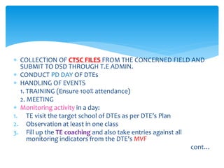  COLLECTION OF CTSC FILES FROM THE CONCERNED FIELD AND
SUBMIT TO DSD THROUGH T.E ADMIN.
 CONDUCT PD DAY OF DTEs
 HANDLING OF EVENTS
1. TRAINING (Ensure 100% attendance)
2. MEETING
 Monitoring activity in a day:
1. TE visit the target school of DTEs as per DTE’s Plan
2. Observation at least in one class
3. Fill up the TE coaching and also take entries against all
monitoring indicators from the DTE’s MVF
cont…
 