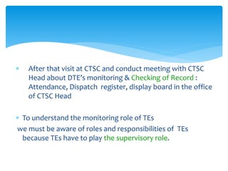  After that visit at CTSC and conduct meeting with CTSC
Head about DTE’s monitoring & Checking of Record :
Attendance, Dispatch register, display board in the office
of CTSC Head
 To understand the monitoring role of TEs
we must be aware of roles and responsibilities of TEs
because TEs have to play the supervisory role.
 