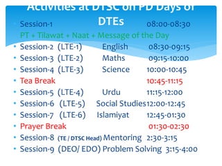 Activities at DTSC on PD Days of
DTEs• Session-1 08:00-08:30
PT + Tilawat + Naat + Message of the Day
• Session-2 (LTE-1) English 08:30-09:15
• Session-3 (LTE-2) Maths 09:15-10:00
• Session-4 (LTE-3) Science 10:00-10:45
• Tea Break 10:45-11:15
• Session-5 (LTE-4) Urdu 11:15-12:00
• Session-6 (LTE-5) Social Studies12:00-12:45
• Session-7 (LTE-6) Islamiyat 12:45-01:30
• Prayer Break 01:30-02:30
• Session-8 (TE / DTSC Head) Mentoring 2:30-3:15
• Session-9 (DEO/ EDO) Problem Solving 3:15-4:00
 