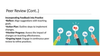 Peer Review (Cont..)
Incorporating Feedback into Practice
•Reflect: Align suggestions with teaching
goals.
•Action Plan: Outline steps to implement
changes.
•Monitor Progress: Assess the impact of
changes on teaching effectiveness.
•Ongoing Input: Engage in continuous peer
review to refine practices.
 