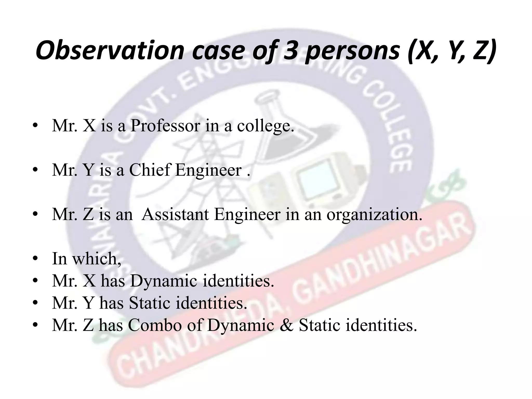 Observation case of 3 persons (X, Y, Z)
• Mr. X is a Professor in a college.
• Mr. Y is a Chief Engineer .
• Mr. Z is an Assistant Engineer in an organization.
• In which,
• Mr. X has Dynamic identities.
• Mr. Y has Static identities.
• Mr. Z has Combo of Dynamic & Static identities.
 