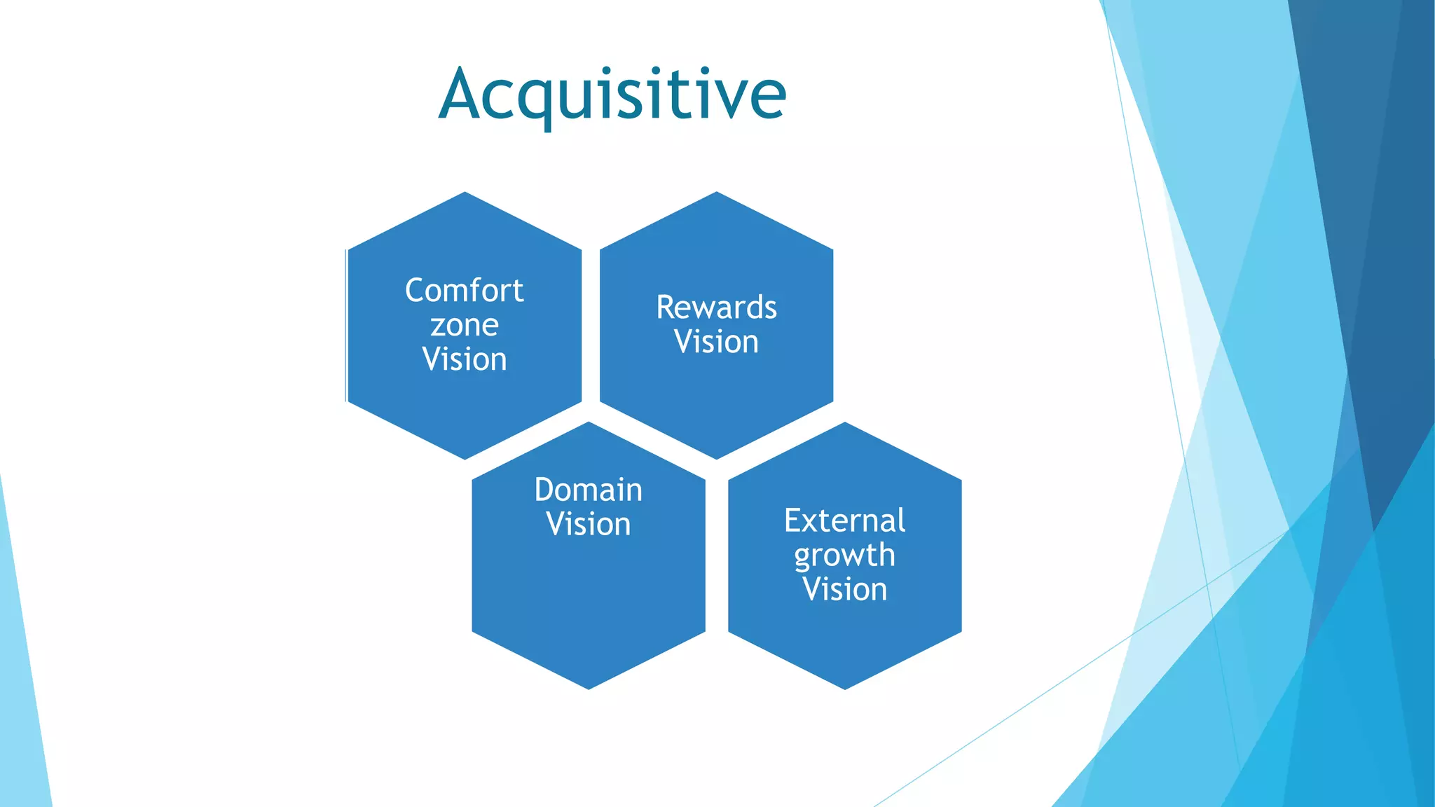 Acquisitive
Rewards
Vision
Domain
Vision
Comfort
zone
Vision
External
growth
Vision
 