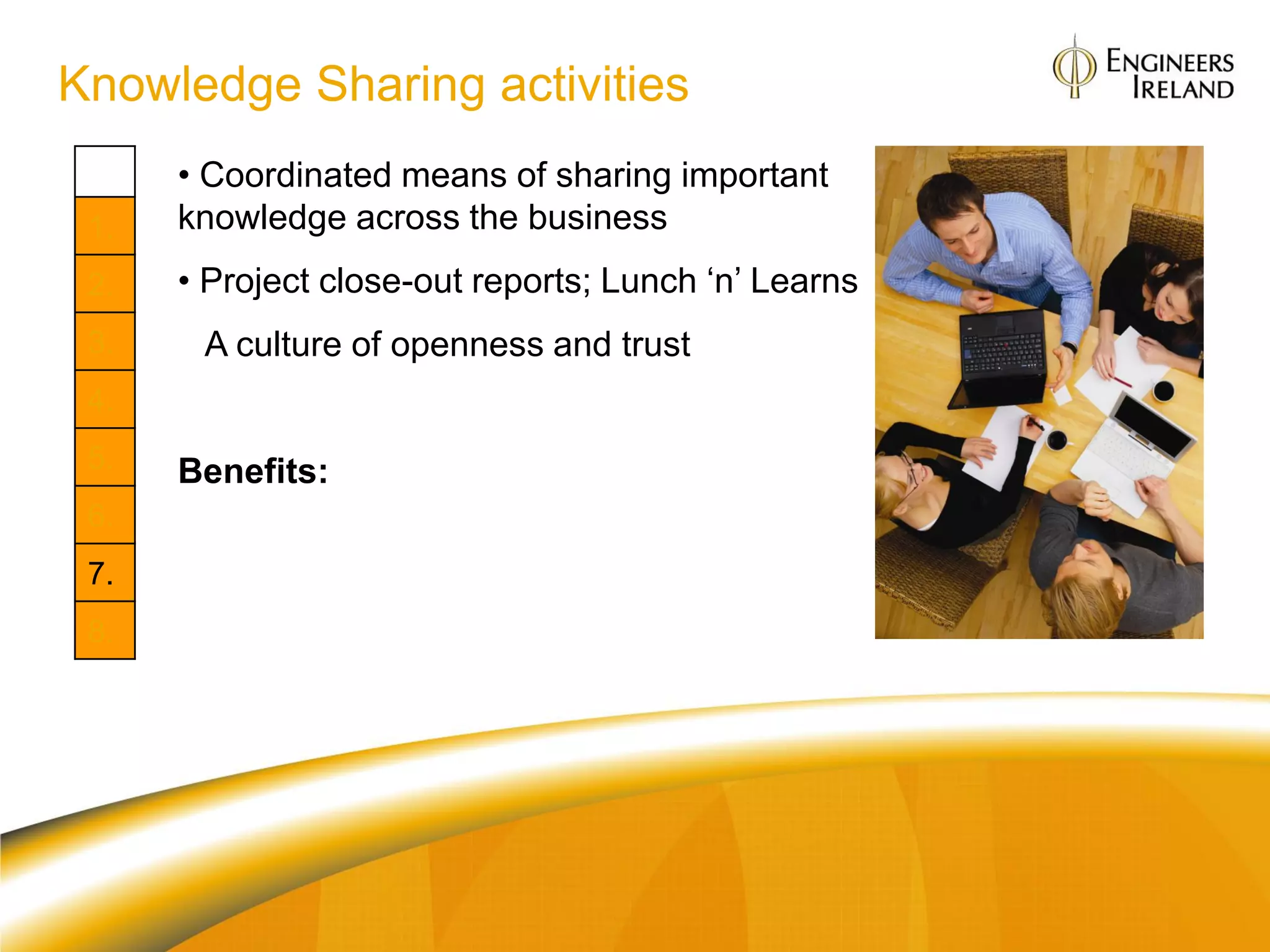 Knowledge Sharing activities
      • Coordinated means of sharing important
 1.   knowledge across the business
 2.   • Project close-out reports; Lunch „n‟ Learns
 3.    A culture of openness and trust
 4.
 5.   Benefits:
 6.
      Org: Competitive advantage from cross-
 7.   pollination of ideas and practices
 8.   Individual: Avoids „re-inventing the wheel‟;
      learning from others in a community
      atmosphere
 