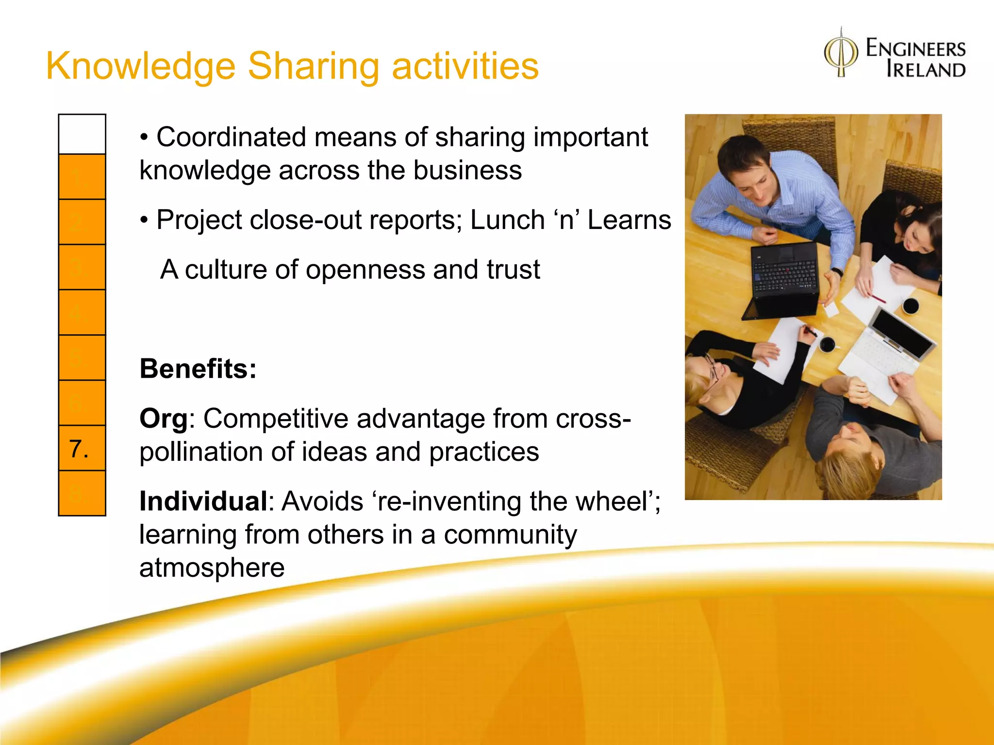 Knowledge Sharing activities
      • Coordinated means of sharing important
 1.   knowledge across the business
 2.   • Project close-out reports; Lunch „n‟ Learns
 3.    A culture of openness and trust
 4.
 5.   Benefits:
 6.
      Org: Competitive advantage from cross-
 7.   pollination of ideas and practices
 8.   Individual: Avoids „re-inventing the wheel‟;
      learning from others in a community
      atmosphere
 