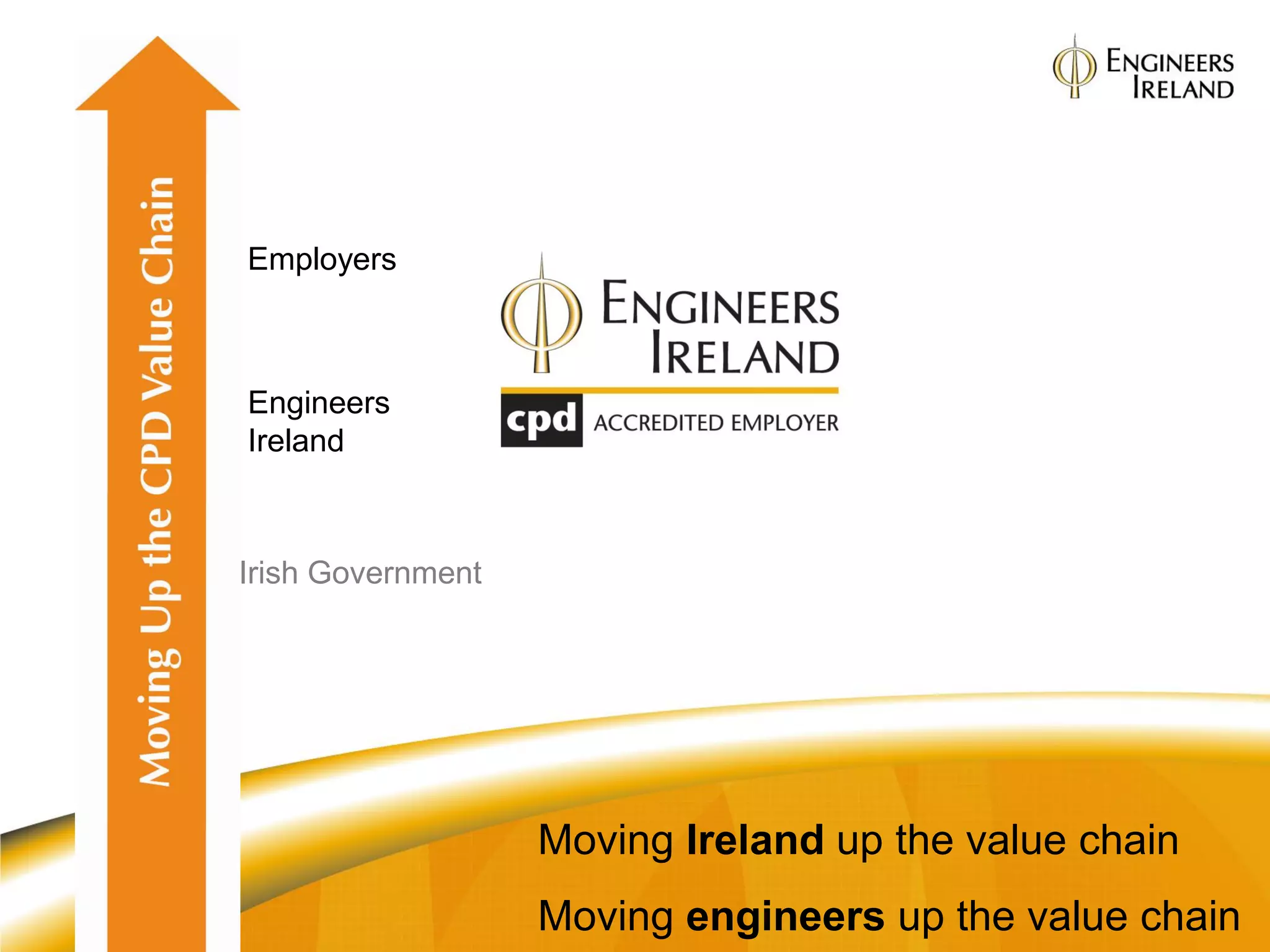 Employers



Engineers
Ireland



Irish Government




                   Moving Ireland up the value chain
                   Moving engineers up the value chain
 