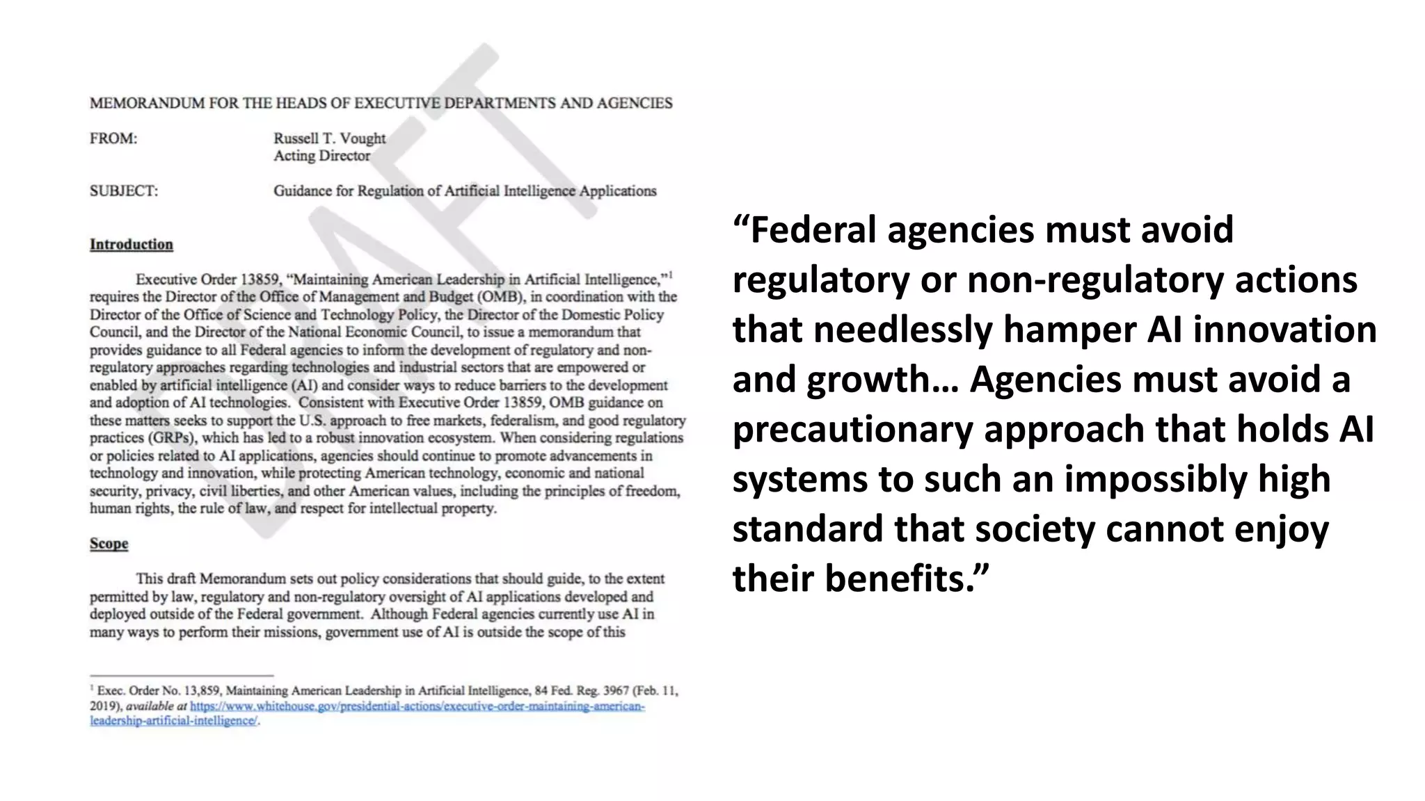 “Federal agencies must avoid
regulatory or non-regulatory actions
that needlessly hamper AI innovation
and growth… Agencies must avoid a
precautionary approach that holds AI
systems to such an impossibly high
standard that society cannot enjoy
their benefits.”
 