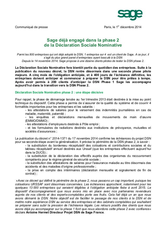 A Lire Communique De Presse La Dsn Par Sage