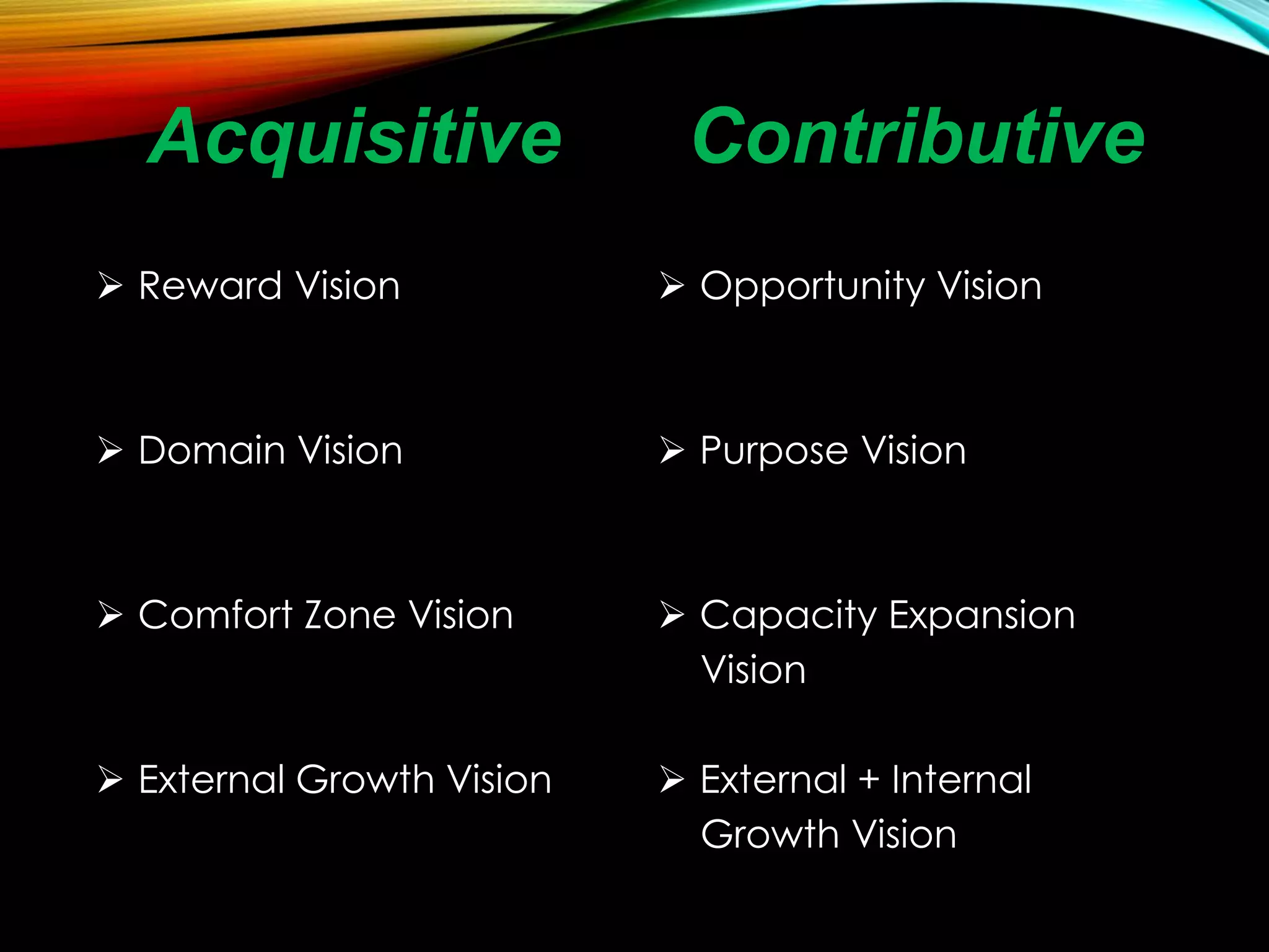 Acquisitive
 Reward Vision
 Domain Vision
 Comfort Zone Vision
 External Growth Vision
Contributive
 Opportunity Vision
 Purpose Vision
 Capacity Expansion
Vision
 External + Internal
Growth Vision
 