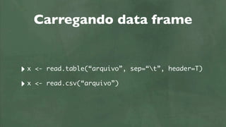Carregando data frame


‣x   <- read.table(“arquivo”, sep=“t”, header=T)

‣x   <- read.csv(“arquivo”)
 