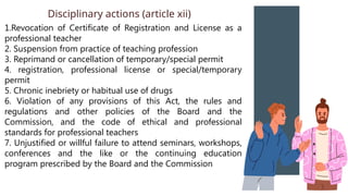 1.Revocation of Certificate of Registration and License as a
professional teacher
2. Suspension from practice of teaching profession
3. Reprimand or cancellation of temporary/special permit
4. registration, professional license or special/temporary
permit
5. Chronic inebriety or habitual use of drugs
6. Violation of any provisions of this Act, the rules and
regulations and other policies of the Board and the
Commission, and the code of ethical and professional
standards for professional teachers
7. Unjustified or willful failure to attend seminars, workshops,
conferences and the like or the continuing education
program prescribed by the Board and the Commission
Disciplinary actions (article xii)
 