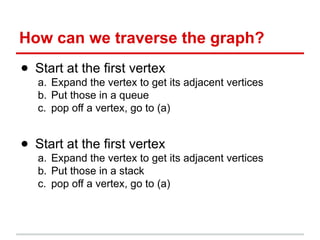 How can we traverse the graph?
● Start at the first vertex
a. Expand the vertex to get its adjacent vertices
b. Put those in a queue
c. pop off a vertex, go to (a)
● Start at the first vertex
a. Expand the vertex to get its adjacent vertices
b. Put those in a stack
c. pop off a vertex, go to (a)
 
