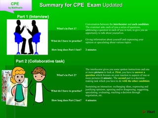 CPE
by Matifmarin
Summary for CPESummary for CPE ExamExam UpdatedUpdated
 NextNext
Part 1 (Interview)
What's in Part 1?
...