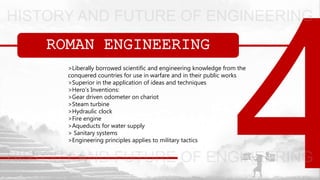 ROMAN ENGINEERING
>Liberally borrowed scientific and engineering knowledge from the
conquered countries for use in warfare and in their public works
>Superior in the application of ideas and techniques
>Hero’s Inventions:
>Gear driven odometer on chariot
>Steam turbine
>Hydraulic clock
>Fire engine
>Aqueducts for water supply
> Sanitary systems
>Engineering principles applies to military tactics
 
