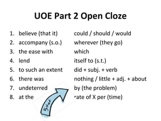UOE Part 2 Open Cloze
1. believe (that it) could / should / would
2. accompany (s.o.) wherever (they go)
3. the ease with which
4. lend itself to (s.t.)
5. to such an extent did + subj. + verb
6. there was nothing / little + adj. + about
7. undeterred by (the problem)
8. at the rate of X per (time)
 