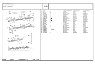 M12x50
EO58Z012MOT506
1
2
3
4
5
6
7
8
9
10
11
12
13
14
15
16
17
18
19
20
21
22
23
S1010
S1011
0650507
0170151
33117434
31744123
31743108
70100716
70998095
2511425
70998096
2511425
35511111
2233022
33811113
0720579
0576052
2313H331
2318A605
2314J607
70998041
31434163
33117426
1
1
2
2
2
4
2
6
6
6
6
6
1
1
1
12
12
4
4
2
12
12
2
1
2
1
1
1
1
1
1
9
1
11
1
1
1
1
ROCKER SHAFT EJE BALANCINES
SHAFT ARBOL
PLUG TAPON
CIRCLIP CIRCULITO
WASHER ARANDELA
SPRING RESORTE
SPRING RESORTE
BRACKET SOPORTE
ROCKER BALANCIN
BUSH CASQUILLO
ROCKER BALANCIN
BUSH CASQUILLO
PIPE CANO
BOLT PERNO
OLIVE OLIVA
BOLT PERNO
NUT TUERCA
STUD ESPARRAGO
NUT TUERCA
BOLT PERNO
ROD VARILLA
TAPPET TAQUET
WASHER ARANDELA
EIXO BALANCEIRO
EIXO
BUJÃO
ANEL TRAVA
ARRUELA
MOLA
MOLA
SUPORTE
BALANCEIRO
BUCHA
BALANCEIRO
BUCHA
TUBO
PARAFUSO
OLIVA
PARAFUSO
PORCA
PRISIONEIRO
PORCA
PARAFUSO
VARETA
TUCHO
ARRUELA
CPE650ADV E01 11/02(1)
10 55
Válvulas E Balanceiros
Valves And Rockershafts
Válvulas Y Balancines
10 55-
Menu Símbolos
 