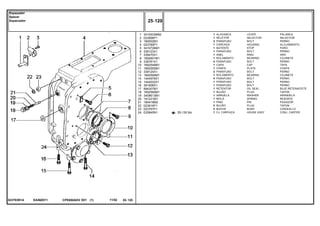 EA58Z011023783N1A
25-135 No
1
2
3
4
5
6
7
8
9
10
11
12
13
14
15
16
17
18
19
20
21
22
23
24
3410533M92
023906P1
180002M1
023785P1
3410726M1
339123X1
339470X1
1692601M1
339761X1
1692549M1
1692550M1
339124X1
1692590M1
1444978X1
1444032X1
391908X1
894307M1
1692580M1
3409613M1
191221M1
180418M2
023916P1
023767P1
033845N1
1
1
3
1
1
1
1
1
4
1
1
2
1
4
1
1
1
1
1
1
1
2
2
1
LEVER PALANCA
SELECTOR SELECTOR
BOLT PERNO
HOUSING ALOJAMIENTO
STOP PARO
BOLT PERNO
RING ARO
BEARING COJINETE
BOLT PERNO
CAP TAPA
PLATE CHAPA
BOLT PERNO
BEARING COJINETE
BOLT PERNO
BOLT PERNO
BOLT PERNO
OIL SEAL BUJE RETENACEITE
PLUG TAPON
WASHER ARANDELA
SPRING RESORTE
PIN PASADOR
PLUG TAPON
BUSH CASQUILLO
HOUSE ASSY CONJ. CARTER
ALAVANCA
SELETOR
PARAFUSO
CARCAÇA
BATENTE
PARAFUSO
ANEL
ROLAMENTO
PARAFUSO
CAPA
CHAPA
PARAFUSO
ROLAMENTO
PARAFUSO
PARAFUSO
PARAFUSO
RETENTOR
BUJÃO
ARRUELA
MOLA
PINO
BUJÃO
BUCHA
CJ. CARCAÇA
CPE650ADV E01 11/02(1)
25 120
Espaçador
Spacer
Espaciador
25 120-
Menu Símbolos
 
