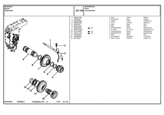 EA58Z012023783N1B
36
23
37
1
2
3
4
5
6
7
9
10
11
12
13
14
3585331M2
180002M1
3585335M3
3585343M3
339470X1
3585332M1
3585342M1
3585313M91
3410154M1
3409711M2
1443565X1
1692592M1
391129X1
1
1
1
1
1
2
1
1
1
1
1
1
1
SHAFT ARBOL
BOLT PERNO
FORK HORQUILLA
SLEEVE MANCHA
RING ARO
RING ARO
GEAR ENGRANAJE
KIT, AXLE JUEGO DE EJE
GEAR ENGRANAJE
GEAR ENGRANAJE
RING ARO
BEARING COJINETE
CIRCLIP CIRCULITO
EIXO
PARAFUSO
GARFO
LUVA
ANEL
ANEL
ENGRENAGEM
CJ. EIXO
ENGRENAGEM
ENGRENAGEM
ANEL
ROLAMENTO
ANEL TRAVA
CPE650ADV E01 11/02(1)
Acionamento
Drive
Acionamiento25 125
Espaçador
Spacer
Espaciador
25 125-
Menu Símbolos
 