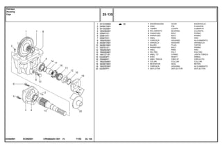 EC89Z001033845N1
381
2
3
4
5
6
7
8
9
10
11
12
13
14
15
16
17
18
19
20
3410458M2
3409615M1
3410525M1
1692582M1
339451X1
339814X1
339470X1
1692552M1
3409614M1
3409616M1
339761X1
1692603M1
1692604M1
1441271X1
033063P1
339469X1
1692554M1
3409619M1
1692553M1
042997P1
1
4
1
2
2
3
1
1
1
1
4
1
1
1
1
1
1
1
1
1
GEAR ENGRANAJE
PIN PASADOR
COVER CUBIERTA
BEARING COJINETE
BOLT PERNO
BOLT PERNO
RING ARO
HOUSING ALOJAMIENTO
WASHER ARANDELA
PLUG TAPON
BOLT PERNO
RING ARO
FELT FIELTRO
O RING JUNTA TORICA
SHAFT ARBOL
CIRCLIP CIRCULITO
COLLAR COLLAR
SEAL RETEN
HOUSING ALOJAMIENTO
DEFLECTOR DEFLECTOR
ENGRENAGEM
PINO
TAMPA
ROLAMENTO
PARAFUSO
PARAFUSO
ANEL
CARCAÇA
ARRUELA
BUJÃO
PARAFUSO
ANEL
FELTRO
ANEL "O"
EIXO
ANEL TRAVA
COLAR
RETENTOR
CARCAÇA
DEFLETOR
CPE650ADV E01 11/02(1)
25 135
Carcaça
Housing
Caja
25 135-
Menu Símbolos
 