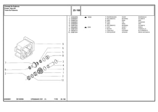 EE18Z006045658N1
18/20
23/9
1
2
3
4
5
6
7
8
9
10
045629R2
039666R1
039667R1
039668R1
039669R1
039670R1
046246R1
039672R1
038391P1
039673R1
1
2
2
2
1
2
1
1
1
1
GEAR ENGRANAJE
BEARING COJINETE
RING ARO
PIN PASADOR
RING ARO
BEARING COJINETE
SHAFT ARBOL
BUSH CASQUILLO
HOUSING ALOJAMIENTO
SPACER PIEZA DISTANCIA
ENGRENAGEM
ROLAMENTO
ANEL
PINO
ANEL
ROLAMENTO
EIXO
BUCHA
CARCAÇA
ESPAÇADOR
CPE650ADV E01 11/02(1)
25 160
Tomada De Potência
Power Take-Off
Toma De Potencia
25 160-
Menu Símbolos
 