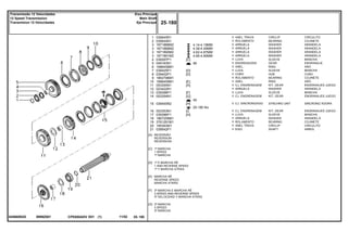 0999Z001045660N3D
[A]
[C]
[D]
[E]
[F]
[G]
REVERSÃO
REVERSION
REVERSION
1ª MARCHA
1 SPEED
1ª MARCHA
1ª E MARCHA RÉ
1 AND REVERSE SPEED
1ª Y MARCHA ATRÁS
MARCHA RÉ
REVERSE SPEED
MARCHA ATRÁS
3ª MARCHA E MARCHA RÉ
3 SPEED AND REVERSE SPEED
3ª VELOCIDAD Y MARCHA ATRÁS
3ª MARCHA
3 SPEED
3ª MARCHA
4.14-4.19MM
4.39-4.45MM
4.62-4.67MM
4.85-4.90MM
56
45
25-185 No
1
2
3
3
3
3
4
5
6
7
8
9
10
11
12
13
14
15
16
17
18
19
20
21
039545R1
039544R1
1671888M2
1671889M2
1671890M2
1671891M2
039397P1
049163N1
1686458M1
039425P1
039402P1
1663796M1
1686459M1
053355N1
023422R1
039398P1
053354N1
039400N2
053353N1
039396P1
1867259M1
3761291M1
195363M1
039542P1
1
1
1
1
1
1
1
1
1
1
1
1
1
1
1
1
1
1
1
1
1
1
1
1
[C]
[D]
[D]
[E]
[A]
[F]
[G]
[H]
[I]
[H]
CIRCLIP CIRCULITO
BEARING COJINETE
WASHER ARANDELA
WASHER ARANDELA
WASHER ARANDELA
WASHER ARANDELA
SLEEVE MANCHA
GEAR ENGRANAJE
RING ARO
SLEEVE MANCHA
HUB CUBO
BEARING COJINETE
RING ARO
KIT, GEAR ENGRANAJES JUEGO
WASHER ARANDELA
SLEEVE MANCHA
KIT, GEAR ENGRANAJES JUEGO
SYNCHRO UNIT SINCRONIZ ADORA
KIT, GEAR ENGRANAJES JUEGO
SLEEVE MANCHA
WASHER ARANDELA
BEARING COJINETE
CIRCLIP CIRCULITO
SHAFT ARBOL
ANEL TRAVA
ROLAMENTO
ARRUELA
ARRUELA
ARRUELA
ARRUELA
LUVA
ENGRENAGEM
ANEL
LUVA
CUBO
ROLAMENTO
ANEL
CJ. ENGRENAGEM
ARRUELA
LUVA
CJ. ENGRENAGEM
CJ. SINCRONIZADO
CJ. ENGRENAGEM
LUVA
ARRUELA
ROLAMENTO
ANEL TRAVA
EIXO
CPE650ADV E01 11/02(1)
25 180
Eixo Principal
Main Shaft
Eje Principal
Transmissão 12 Velocidades
12 Speed Transmission
Transmision 12 Velocidades
25 180-
Menu Símbolos
 