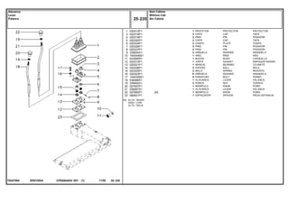 ED01Z024T0247004
[A] ALTA / BAIXA
HIGH / LOW
ALTA / BAJA
1
3
4
5
6
7
8
9
10
11
12
13
14
15
16
17
18
19
20
21
22
23
020312P1
020319P1
020318P1
020320P1
020324P1
020326P1
020327P1
339024X1
1442446X1
023065R1
020313P1
020321P1
020328P1
020325P1
020323P1
1440349X1
036066S1
339402X1
027657P1
036067S1
027660P1
060631P1
1
2
2
2
2
2
2
4
1
1
1
1
2
2
X
8
1
2
1
1
1
1
[A]
PROTECTOR PROTECTOR
CAP TAPA
PIN PASADOR
CAP TAPA
PLATE CHAPA
PIN PASADOR
PIN PASADOR
WASHER ARANDELA
RING ARO
BUSH CASQUILLO
GASKET EMPAQUETADURA.
BEARING COJINETE
BALL BOLA
SPRING RESORTE
WASHER ARANDELA
BOLT PERNO
LEVER PALANCA
NUT TUERCA
KNOB POMO
LEVER PALANCA
KNOB POMO
SPACER PIEZA DISTANCIA
PROTETOR
CAPA
PINO
CAPA
CHAPA
PINO
PINO
ARRUELA
ANEL
BUCHA
JUNTA
MANCAL
ESFERA
MOLA
ARRUELA
PARAFUSO
ALAVANCA
PORCA
MANÍPULO
ALAVANCA
MANÍPULO
ESPAÇADOR
CPE650ADV E01 11/02(1)
Sem Cabine
Without Cab
Sin Cabina25 235
Alavanca
Lever
Palanca
25 235-
Menu Símbolos
 