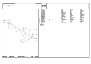 EM50Z126036031N3A
[A] AGULHAS
NEEDLES
AGUJAS
1
2
3
4
5
6
7
8
9
10
11
12
13
14
023043R1
339304X1
023193P1
1442487X1
339204X1
1442638X1
021040P1
3009496X1
023045R1
023044R1
023042R1
023041R1
1440403X1
339123X1
1
2
2
1
1
2
1
8
2
1
4
1
1
4
[A]
SHAFT ARBOL
PIN PASADOR
PIN PASADOR
BOLT PERNO
BOLT PERNO
PAD ALMOHADILLA
COVER CUBIERTA
BOLT PERNO
SELECTOR SELECTOR
SHAFT ARBOL
BEARING COJINETE
COVER CUBIERTA
PIN PASADOR
BOLT PERNO
EIXO
PINO
PINO
PARAFUSO
PARAFUSO
TAMPÃO
TAMPA
PARAFUSO
SELETOR
EIXO
ROLAMENTO
TAMPA
PINO
PARAFUSO
CPE650ADV E01 11/02(1)
25 245
Sincronizada
Syncromesh
Sincronizada
Transmissão 12 Velocidades
12 Speed Transmission
Transmision 12 Velocidades
25 245-
Menu Símbolos
 