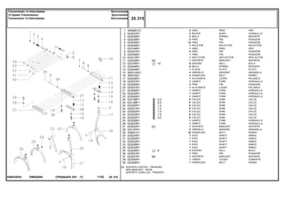 EM50Z084036032N3G
[A] SUPORTE HASTES - TRASEIRO
ROD BRACKET - REAR
SOPORTE VARILLAS - TRASERO
10
0,2
0,5
1,0
1,2
1,4
1,5
2,0
8
1
2
3
4
5
6
7
8
9
10
11
12
13
14
15
16
17
18
19
20
21
22
23
24
24
24
24
24
24
24
25
26
27
28
29
30
31
32
33
34
35
36
37
38
39
3008261X1
023037R1
023038R1
023039R1
023030R1
023040R1
023194R1
023047R1
023048R1
023215R1
023035R1
023195P1
023046R1
023049R1
3002145X1
390379X1
023036R1
023057R1
023055R1
023031R1
023056R1
023034R1
023029R1
023198P1
023199P1
023200P1
023201R1
023202R1
023203R1
023204P1
023026R1
023023R1
023022R1
023197R1
339401X1
023025R1
023024R1
023032R1
023028R1
023033R1
023228R1
023051R1
023027R1
023050R1
023206R1
4
2
2
2
14
1
1
4
1
1
1
6
6
1
4
3
1
1
2
1
1
1
1
X
X
X
X
X
X
X
1
1
1
5
10
1
1
1
1
1
3
1
1
1
1
[A]
[C]
[B]
RING ARO
BUSH CASQUILLO
SPRING RESORTE
PIN PASADOR
PIN PASADOR
SELECTOR SELECTOR
RING ARO
PIN PASADOR
PIN PASADOR
DEFLECTOR DEFLECTOR
BRACKET SOPORTE
BALL BOLA
SPRING RESORTE
PLATE PLATO
WASHER ARANDELA
BOLT PERNO
LEVER PALANCA
FORK HORQUILLA
PIN PASADOR
LEVER PALANCA
FORK HORQUILLA
FORK HORQUILLA
FORK HORQUILLA
SHIM CALCE
SHIM CALCE
SHIM CALCE
SHIM CALCE
SHIM CALCE
SHIM CALCE
SHIM CALCE
FORK HORQUILLA
FORK HORQUILLA
BRACKET SOPORTE
WASHER ARANDELA
BOLT PERNO
SHAFT ARBOL
SHAFT ARBOL
SHAFT ARBOL
SHAFT ARBOL
SHAFT ARBOL
BALL BOLA
PIN PASADOR
BRACKET SOPORTE
COVER CUBIERTA
BOLT PERNO
ANEL
BUCHA
MOLA
PINO
PINO
SELETOR
ANEL
PINO
PINO
DEFLETOR
SUPORTE
ESFERA
MOLA
PLACA
ARRUELA
PARAFUSO
ALAVANCA
GARFO
PINO
ALAVANCA
GARFO
GARFO
GARFO
CALÇO
CALÇO
CALÇO
CALÇO
CALÇO
CALÇO
CALÇO
GARFO
GARFO
SUPORTE
ARRUELA
PARAFUSO
EIXO
EIXO
EIXO
EIXO
EIXO
ESFERA
PINO
SUPORTE
TAMPA
PARAFUSO
CPE650ADV E01 11/02(1)
25 315
Sincronizada
Syncromesh
Sincronizada
Transmissão 12 Velocidades
12 Speed Transmission
Transmision 12 Velocidades
25 315-
Menu Símbolos
 