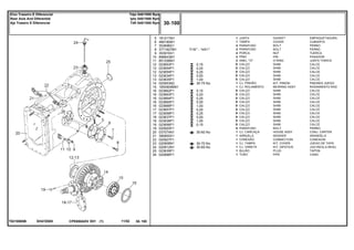 7/16" - 14X1"
EH47Z005T0210065B
0,15
0,20
0,25
0,50
1,00
30-75 No
0,15
0,20
0,25
0,50
1,00
0,20
0,25
0,50
1,00
0,15
30-60 No
30-70 No
30-65 No
5
6
7
8
9
10
11
12
12
12
13
13
14
15
16
16
16
16
16
17
17
18
18
18
19
20
21
22
23
24
25
26
181217M1
489190M1
353698X1
3771827M1
353916X1
898643M1
851258M1
023653P1
023654P1
023655P1
023634P1
023635P1
020953N2
1850909M91
023662P1
023663P1
023664P1
023665P1
023666P1
023657P1
023658P1
023637P1
023638P1
023656P1
020920P1
037074N1
390855X1
020927P1
020908N1
020912N1
023639P1
020896P1
1
1
4
2
4
2
2
X
X
X
X
X
1
1
X
X
X
X
X
X
X
X
X
X
6
1
1
1
1
1
1
1
GASKET EMPAQUETADURA.
COVER CUBIERTA
BOLT PERNO
BOLT PERNO
NUT TUERCA
PIN PASADOR
O RING JUNTA TORICA
SHIM CALCE
SHIM CALCE
SHIM CALCE
SHIM CALCE
SHIM CALCE
KIT, PINION PINONES JUEGO
BEARING ASSY RODAMIENTO RAD
SHIM CALCE
SHIM CALCE
SHIM CALCE
SHIM CALCE
SHIM CALCE
SHIM CALCE
SHIM CALCE
SHIM CALCE
SHIM CALCE
SHIM CALCE
BOLT PERNO
HOUSE ASSY CONJ. CARTER
WASHER ARANDELA
CONNECTION CONEXION
KIT, COVER JUEGO DE TAPA
KIT, DIPSTICK JGO.REGLA.NIVEL
PLUG TAPON
PIPE CANO
JUNTA
TAMPA
PARAFUSO
PARAFUSO
PORCA
PINO
ANEL "O"
CALÇO
CALÇO
CALÇO
CALÇO
CALÇO
CJ. PINHÃO
CJ. ROLAMENTO
CALÇO
CALÇO
CALÇO
CALÇO
CALÇO
CALÇO
CALÇO
CALÇO
CALÇO
CALÇO
PARAFUSO
CJ. CARCAÇA
ARRUELA
CONEXÃO
CJ. TAMPA
CJ. VARETA
BUJÃO
TUBO
CPE650ADV E01 11/02(1)
30 100
Tdpi 540/1000 Rpm
Ipto 540/1000 Rpm
Tdfi 540/1000 Rpm
Eixo Traseiro E Diferencial
Rear Axle And Diferential
Aje Trasero E Diferencial
30 100-
Menu Símbolos
 
